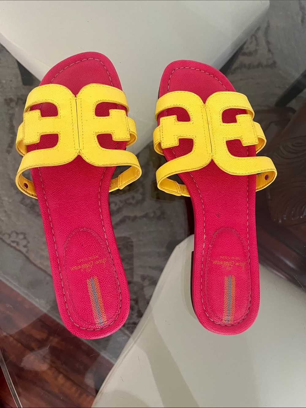 Sam Edelman Pink and Yellow Double-Strap Slide Sandals - Picture 2 of 3